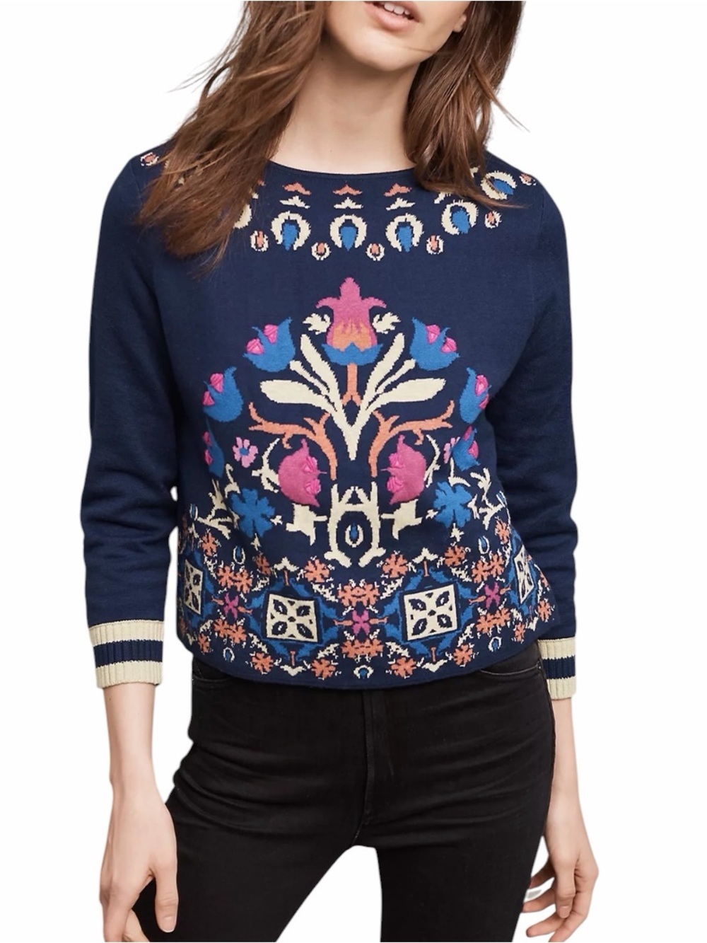 HWR Folk Art Sweater Large Navy Colorful Intarsia Knit Boho Nordic Cottagecore